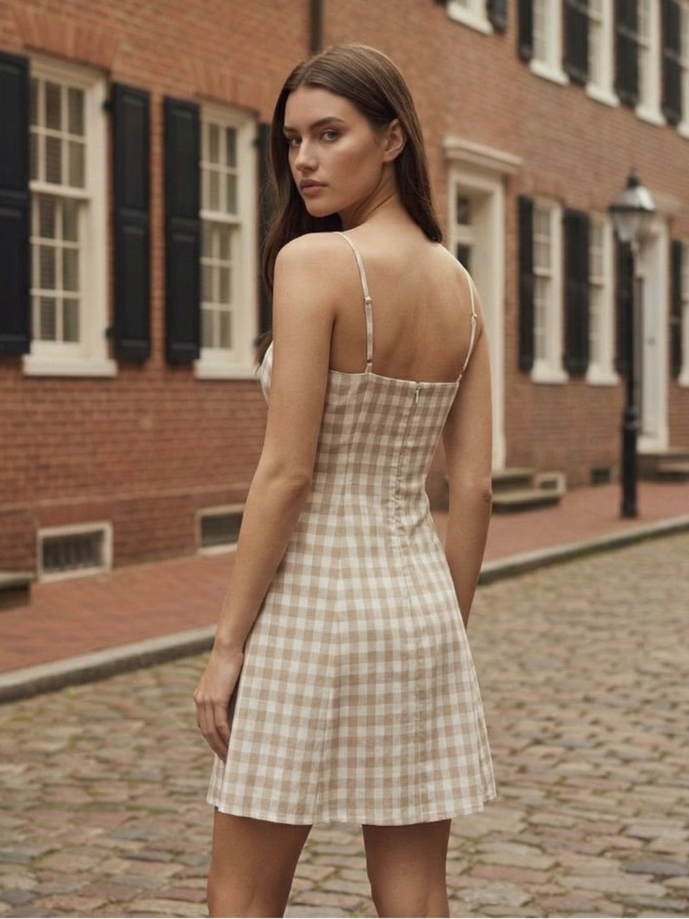 Promesa Gingham Checkered Cream & Oatmeal Mini Dress With Sweetheart Neckline - Picture 2 of 7